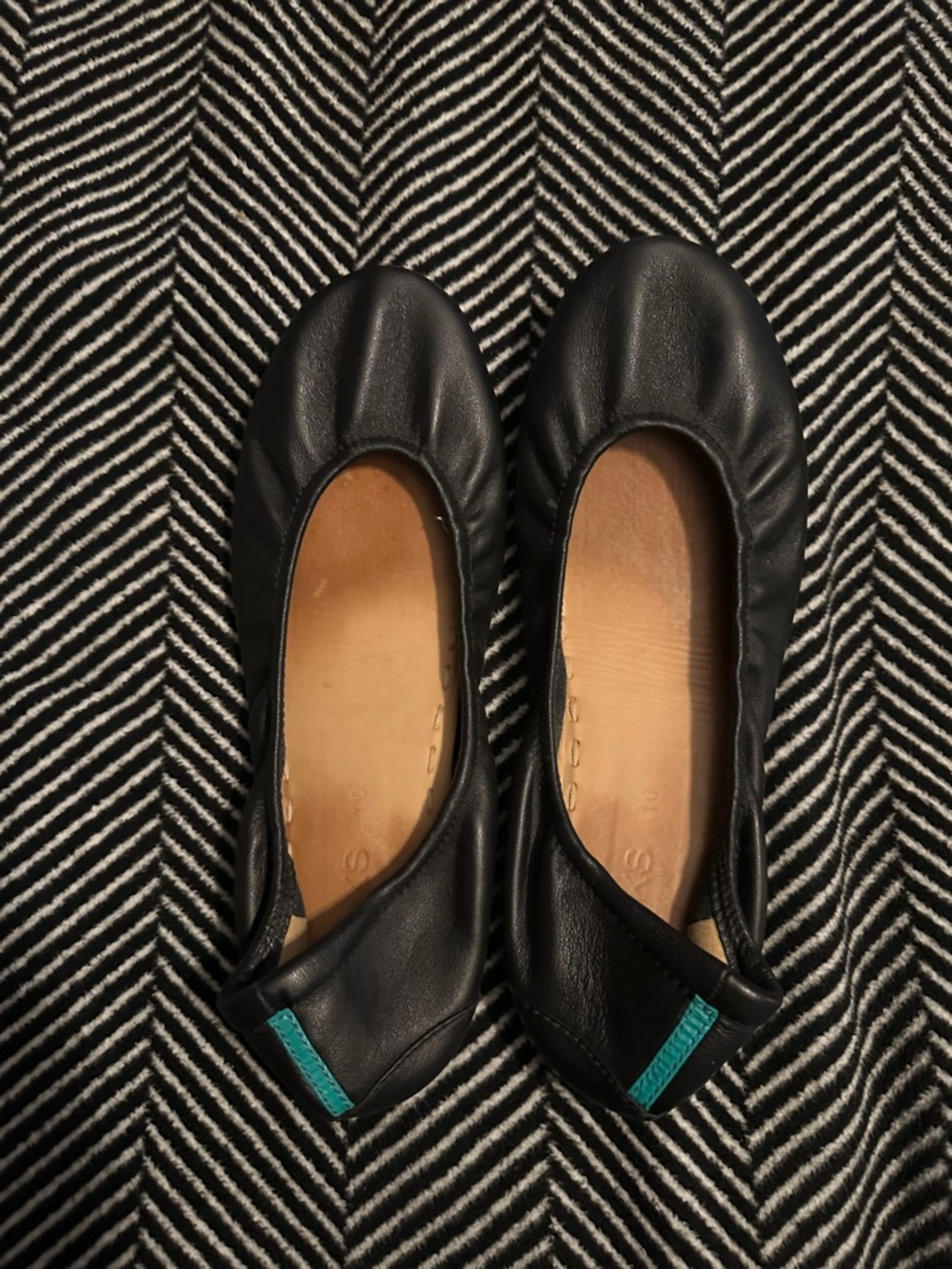 Tieks Black Leather Ballet Flats with Teal Heel Tab